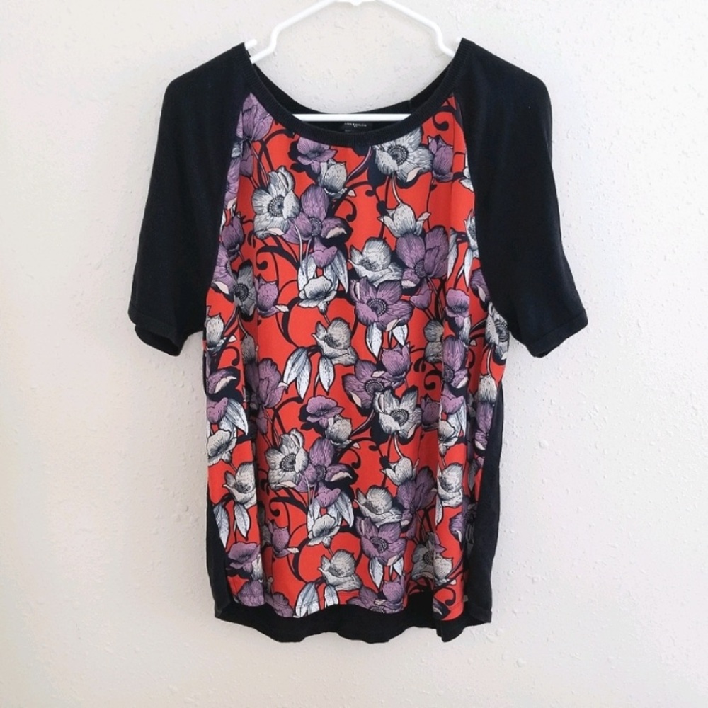 Ann Taylor Orange Floral silk knit sweater blouse XL